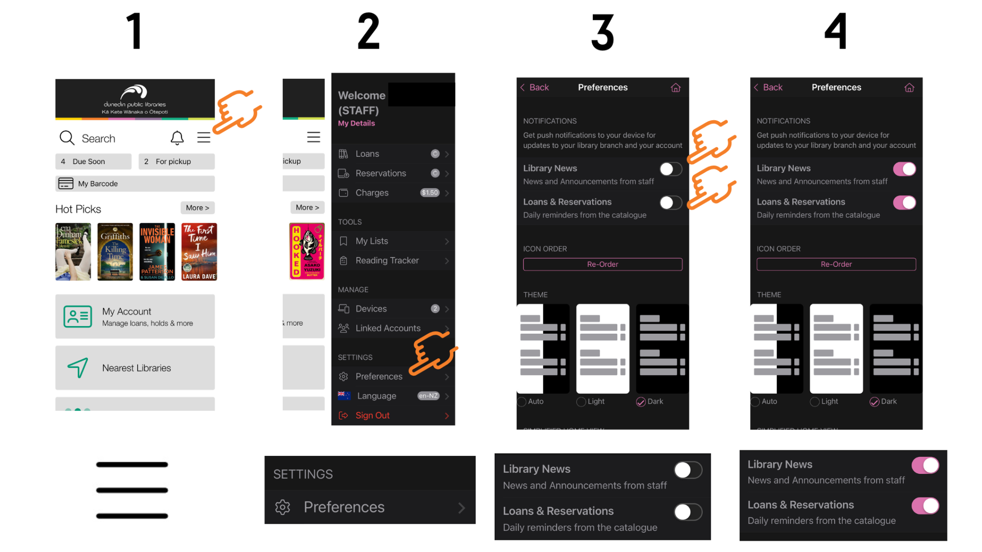 Method for toggling on notifications by going into my account, then preferences in the library app