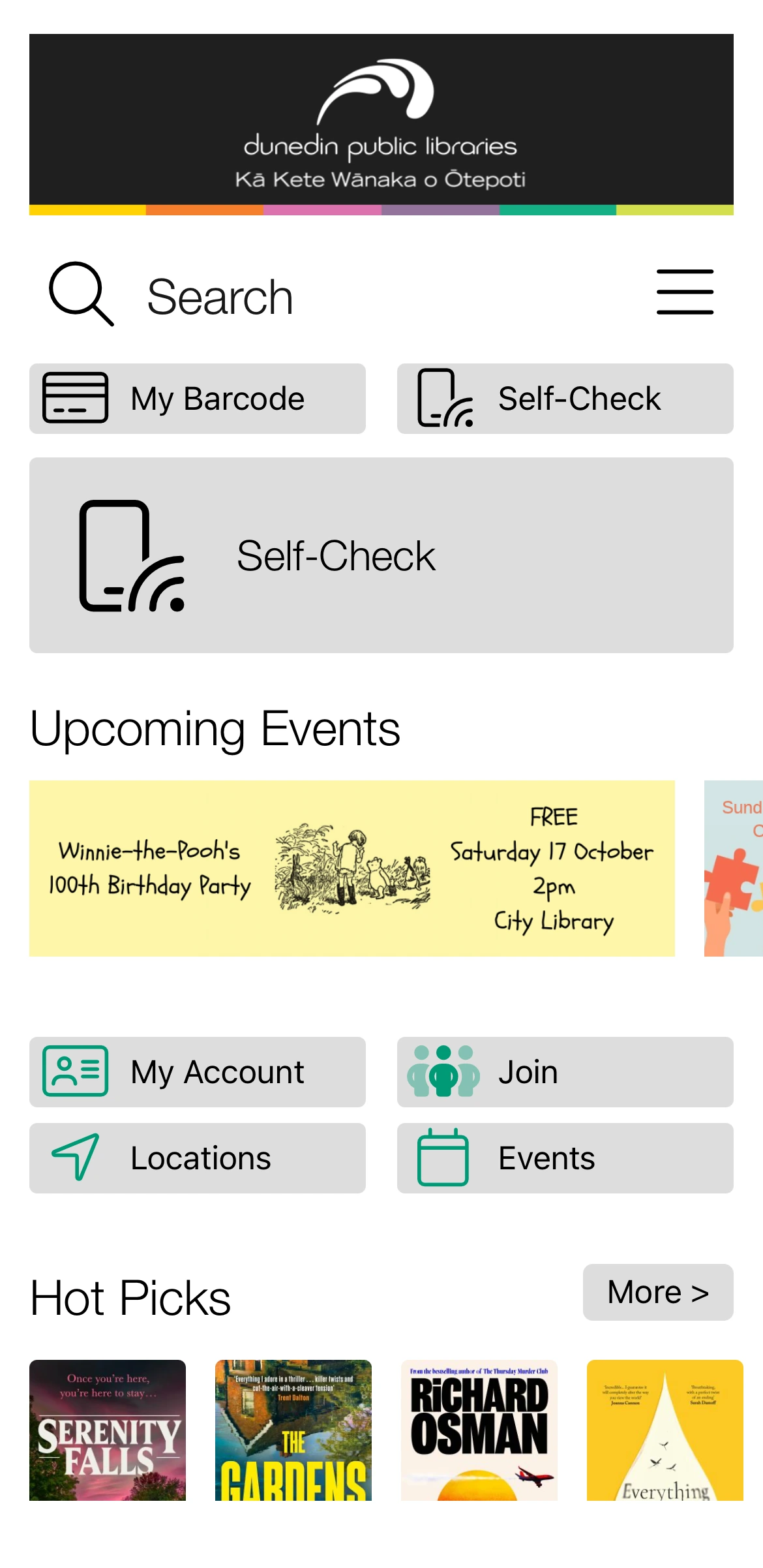 The Dunedin Public Libraries app homescreen