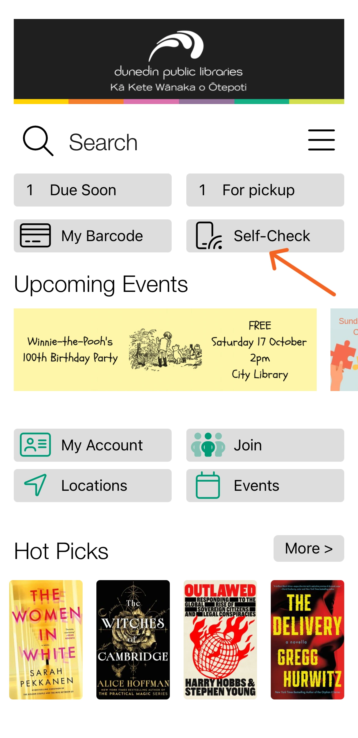 A screenshot of the Dunedin Public Libraries app homescreen, with an arrow pointing to the self-check button