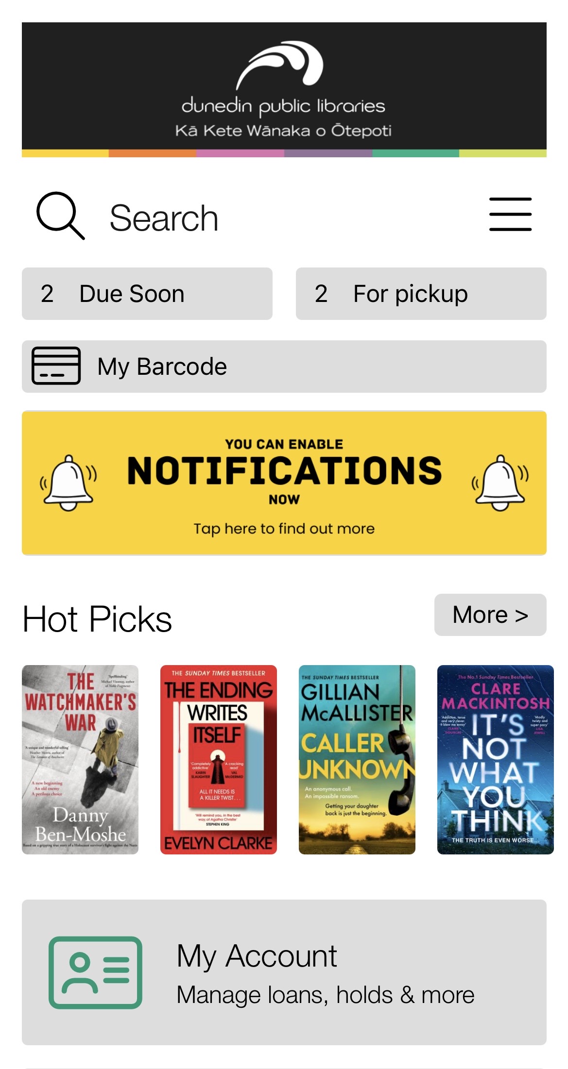 The Dunedin Public Libraries app homescreen