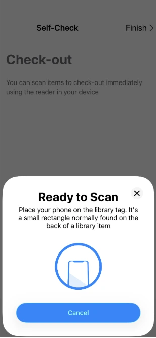 A pop-up box instructing the app user to place their phone on the library tag