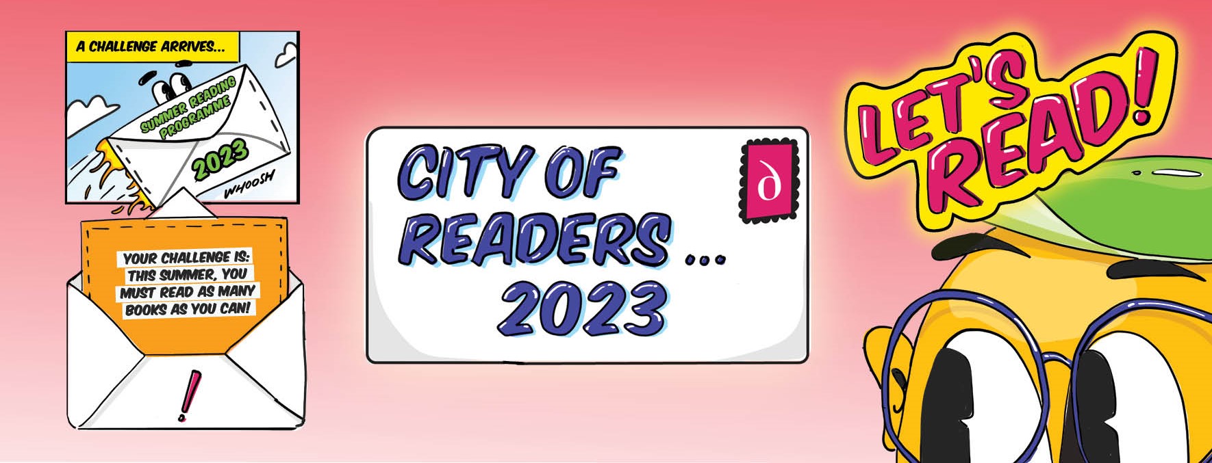 Cartoon envelope arriving: City of Readers- Let's Read!