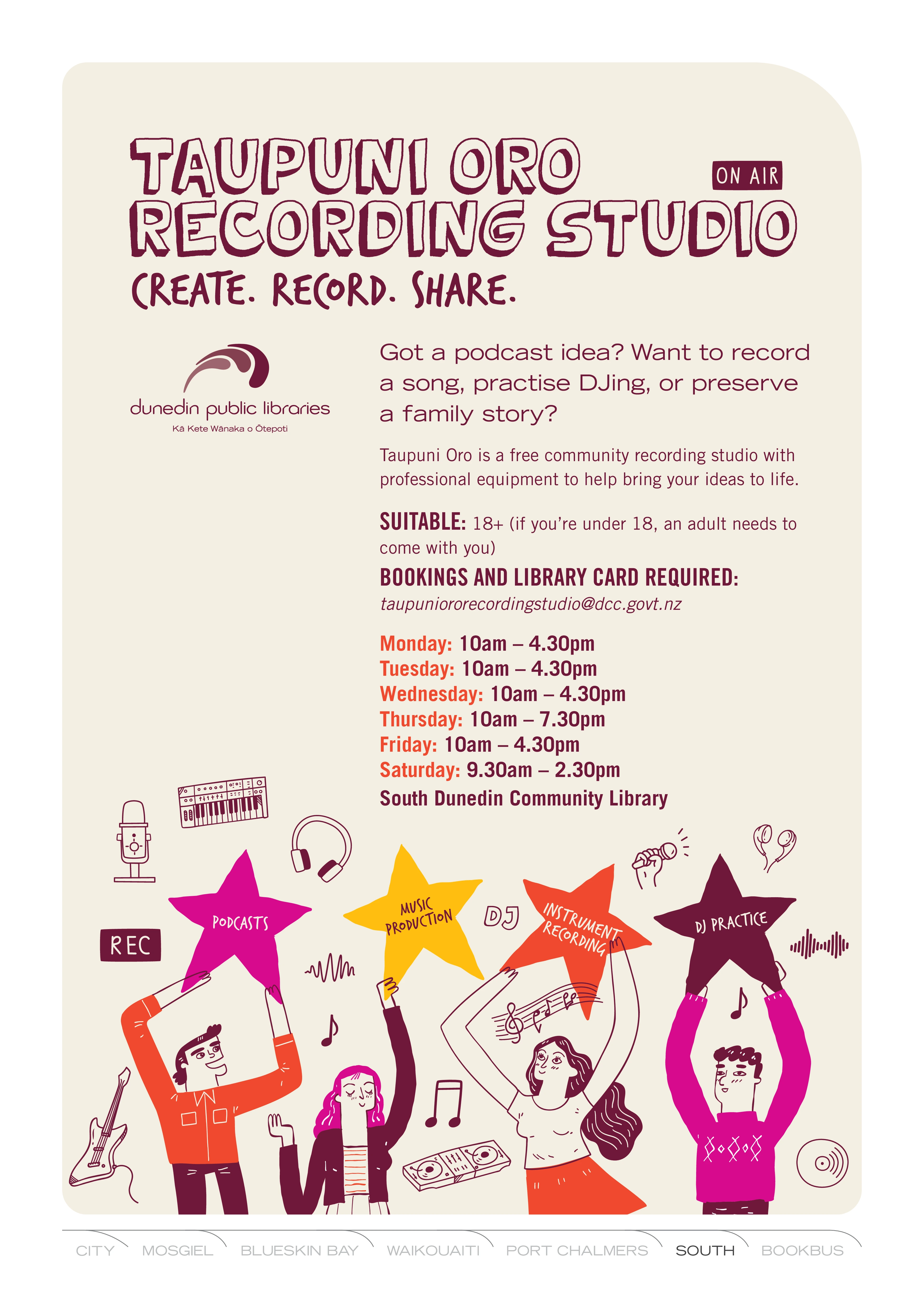 Taupuni Oro Poster A poster for Taupuni Oro Recording Studio, with a four illustrated people holding up stars reading: podcasts, music production, instrument recording, DJ practice. Tagline: Create. Record. Share. Other text including: Got a podcast idea? Want to record a song, practise DJing, or preserve a family sotry?